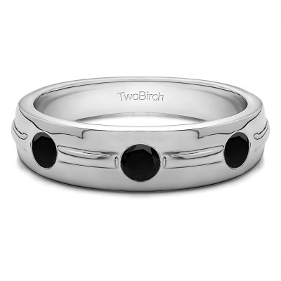 0.35 Ct. Black Three Stone Burnished Men's Wedding Ring With Ribbed Band
