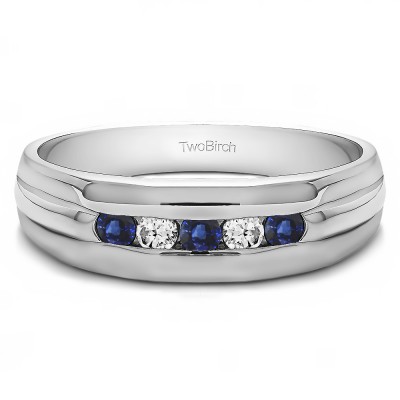 0.5 Ct. Sapphire and Diamond Five Stone Channel Set Men's Wedding Ring with Ribbed Design