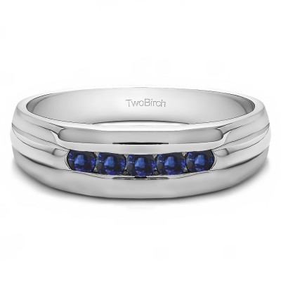 0.5 Ct. Sapphire Five Stone Channel Set Men's Wedding Ring with Ribbed Design