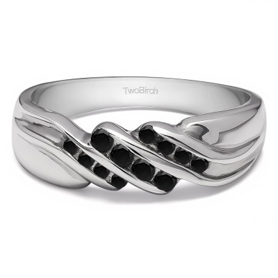 0.32 Ct. Black Stone Triple Row Channel Set Men's Wedding Ring with Twisted Shank