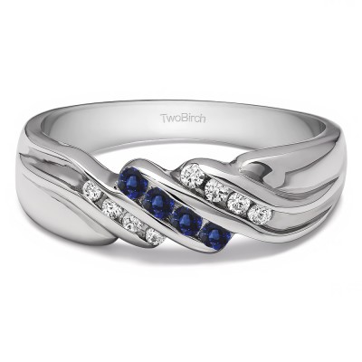0.32 Ct. Sapphire and Diamond Triple Row Channel Set Men's Wedding Ring with Twisted Shank