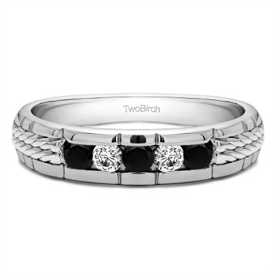 0.36 Ct. Black and White Five Stone Channel Set Men's Wedding Ring with Braided Shank