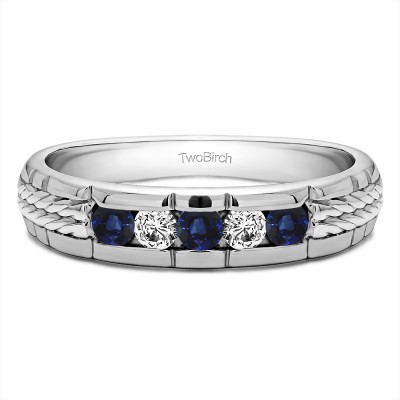 0.36 Ct. Sapphire and Diamond Five Stone Channel Set Men's Wedding Ring with Braided Shank