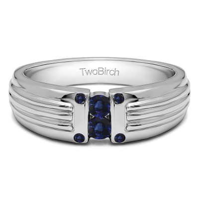 0.28 Ct. Sapphire Two Stone Tension Set Ribbed Shank Men's Wedding Ring