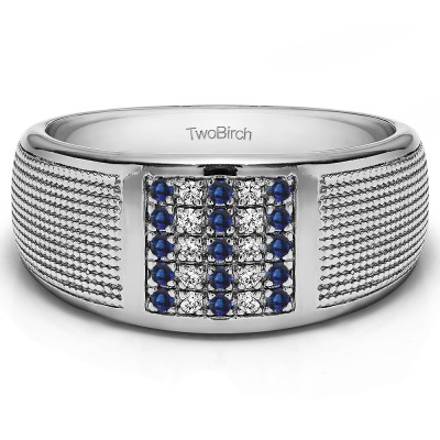 0.25 Ct. Sapphire and Diamond Round Cluster Top Ribbed Shank Men's Wedding Ring