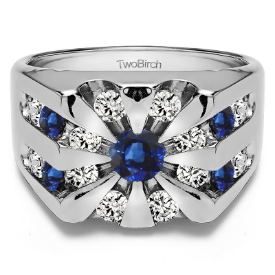 0.5 Ct. Round Channel Set Sun Burst Style Men's Ring With Sapphire And Diamonds(G,I2) Mounted in Sterling Silver.(Size 13)