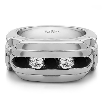 1.25 Ct. Black and White Five Stone Channel Set Flat Top Men's Wedding Ring