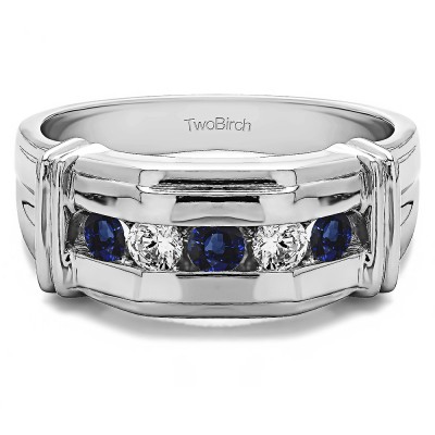 0.5 Ct. Sapphire and Diamond Five Stone Men's Ring with Ribbed Shank Design
