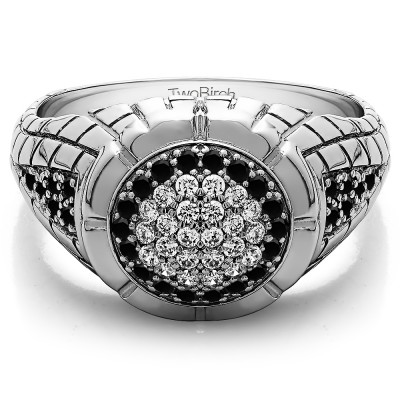 1.35 Ct. Black and White Stone Domed Men's Ring with Engraved Design