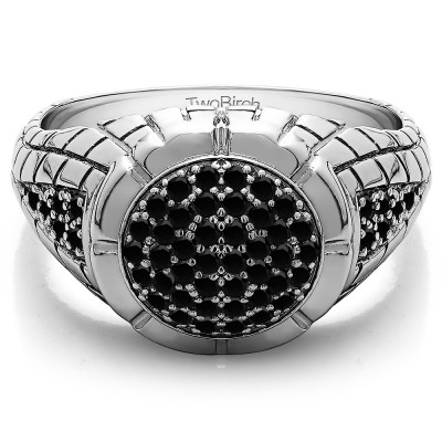 0.54 Ct. Black Stone Domed Men's Ring with Engraved Design
