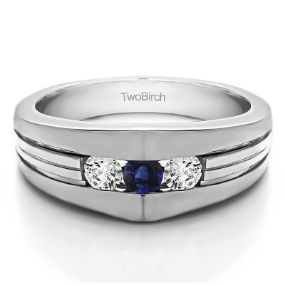 0.6 Ct. Sapphire and Diamond Modern Three Stone Men's Ring