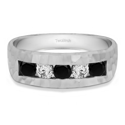 0.5 Ct. Black and White Five Stone Channel Set Men's Ring with Hammered Finish