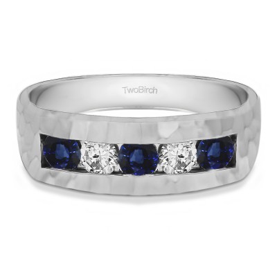 0.75 Ct. Sapphire and Diamond Five Stone Channel Set Men's Ring with Hammered Finish