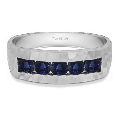 0.75 Ct. Sapphire Five Stone Channel Set Men's Ring with Hammered Finish