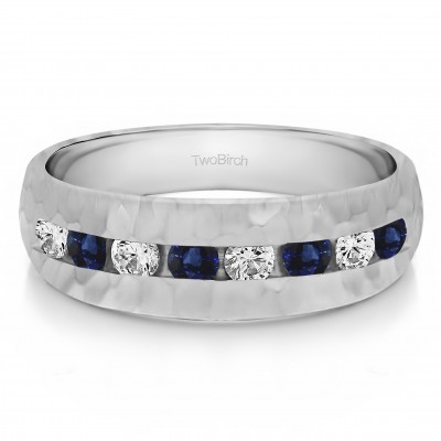 1 Ct. Sapphire and Diamond Open End Channel Set Men's Wedding Band with Hammered Finish