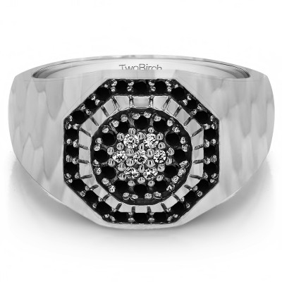 0.48 Ct. Black and White Stone Domed Cluster Men's Ring with Hammered Finish