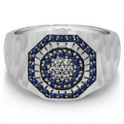 0.48 Ct. Sapphire and Diamond Domed Cluster Men's Ring with Hammered Finish