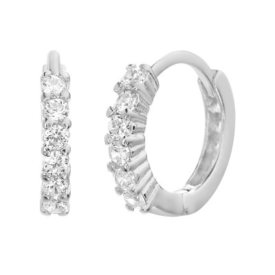 TwoBirch Round Prong Cubic Zirconia Huggie Hoops in 14k White Gold Plated Silver