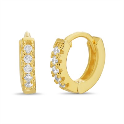 TwoBirch Round Prong Set Cubic Zirconia Huggie Hoop Earrings in 14k Yellow Gold Plated Silver