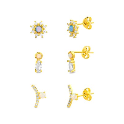 TwoBirch 18k Yellow Gold over Sterling Silver Cubic Zirconia Earring Trio Set (Three Pairs of Earrings) Opal Halo Studs Marquise and Bezel Opal Earrings Opal Curved Bar Earrings
