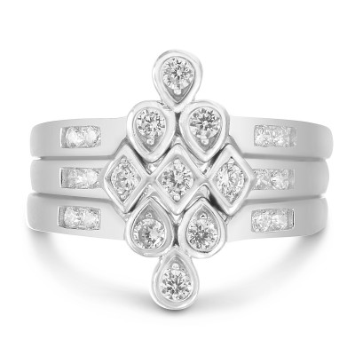 Sterling Silver V Shaped Round Trio Ring Stack with Cubic Zirconia