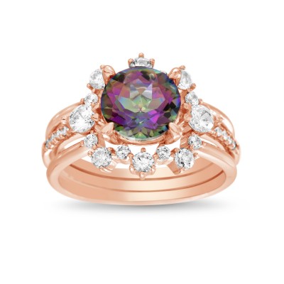 Rose Gold Plated Mystic Topaz Simulant Cubic Zirconia Floral Design Round Engagement Ring Bridal Set Trio Ring Stack