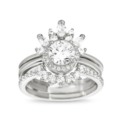 Sterling Silver Cubic Zirconia Delicate Floral Tiara Design Border Ring Guard Round Halo Engagement Ring