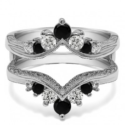 0.74 Ct. Black and White Stone Chevron Vintage Ring Guard with Millgrained Edges and Filigree Cut Out Design