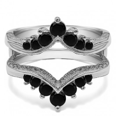 0.74 Ct. Black Stone Chevron Vintage Ring Guard with Millgrained Edges and Filigree Cut Out Design