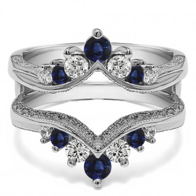 0.74 Ct. Sapphire and Diamond Chevron Vintage Ring Guard with Millgrained Edges and Filigree Cut Out Design
