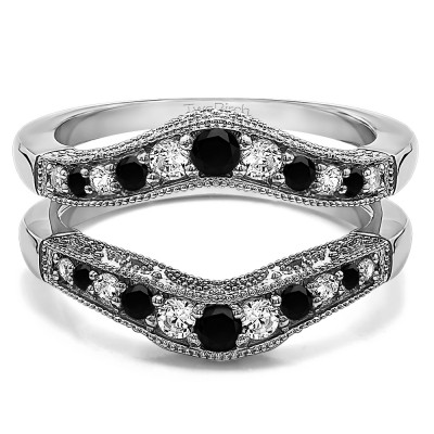 0.75 Ct. Black and White Stone Vintage Filigree and Milgrained Contour Ring Guard