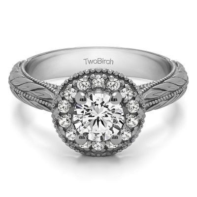 0.89 Ct. Round Vintage Halo Engagement Ring with Engraved Shank
