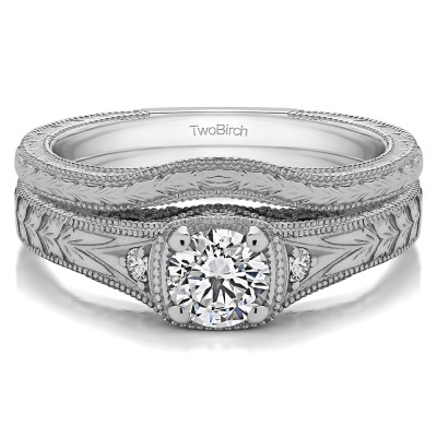 White Gold Three Stone Vintage Engraved Engagement Ring Bridal Set (2 Rings) (0.28 CT. TWT)