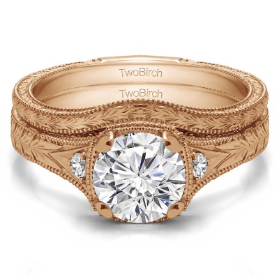 Three Stone Vintage Engraved Engagement Ring Bridal Set (2 Rings) (1.31 Ct. Twt.)