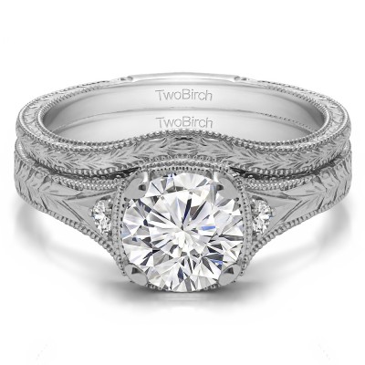 Three Stone Vintage Engraved Engagement Ring Bridal Set (2 Rings)(1.31 Ct. Twt.)