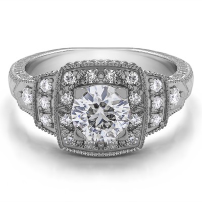 1.35 Ct. Round Millgrained Vintage Halo Engagement Ring
