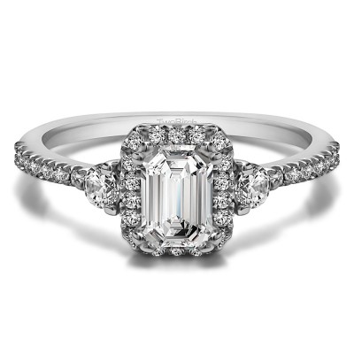0.86 Ct. Emerald Halo Three Stone Engagement Ring