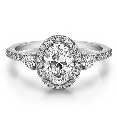 Oval Three Stone Halo Engagement Ring in White Gold