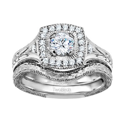 Round Engraved Vintage Halo Engagement Ring Bridal Set (2 Rings) (0.74 Ct. Twt.)