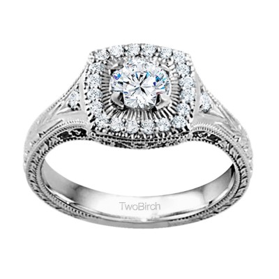 0.74 Ct. Engraved Vintage Square Shaped Halo Engagement Ring with Round Center