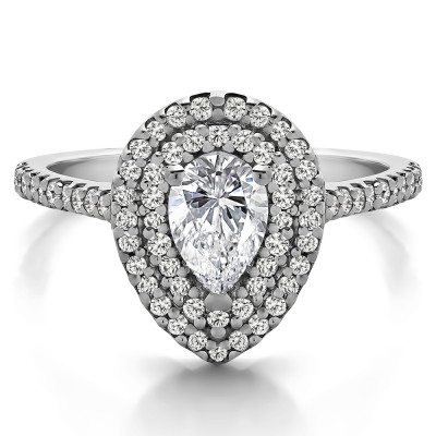 Pear Shaped Double Halo Engagement Ring in White Gold