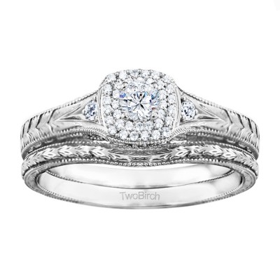 Three Stone Vintage Double Halo Engagement Ring Bridal Set (2 Rings) (0.48 Ct. Twt.)