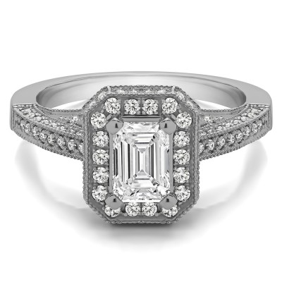 1.6 Ct. Emerald Cut Halo Filigree Vintage Engagement Ring