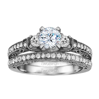 Three Stone Vintage Embellished Profile Engagement Ring Bridal Set (2 Rings) (2.09 Ct. Twt.)