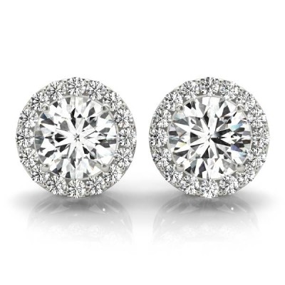 14K White Gold Diamond Halo Moissanite Stud Earrings