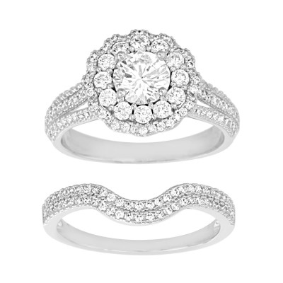 TwoBirch 18k White Gold Microplated Floral Design Duo Bridal Ring Set Engagement Ring and Wedding Band with Cubic Zirconia (SET (2 RINGS)