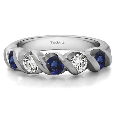 0.75 Carat Sapphire and Diamond Five Stone Swirl Set Wedding Ring