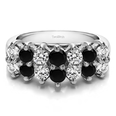 1.96 Carat Black and White Fourteen Stone Double Row Common Prong Wedding Ring