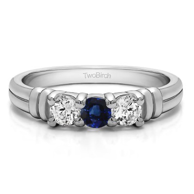 0.48 Carat Sapphire and Diamond Three Stone U Set Ribbed Shank Wedding Ring