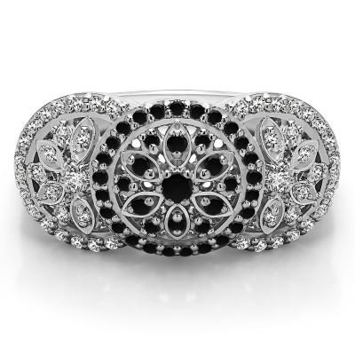 0.49 Carat Black and White Pave Set Flower Anniversary Ring